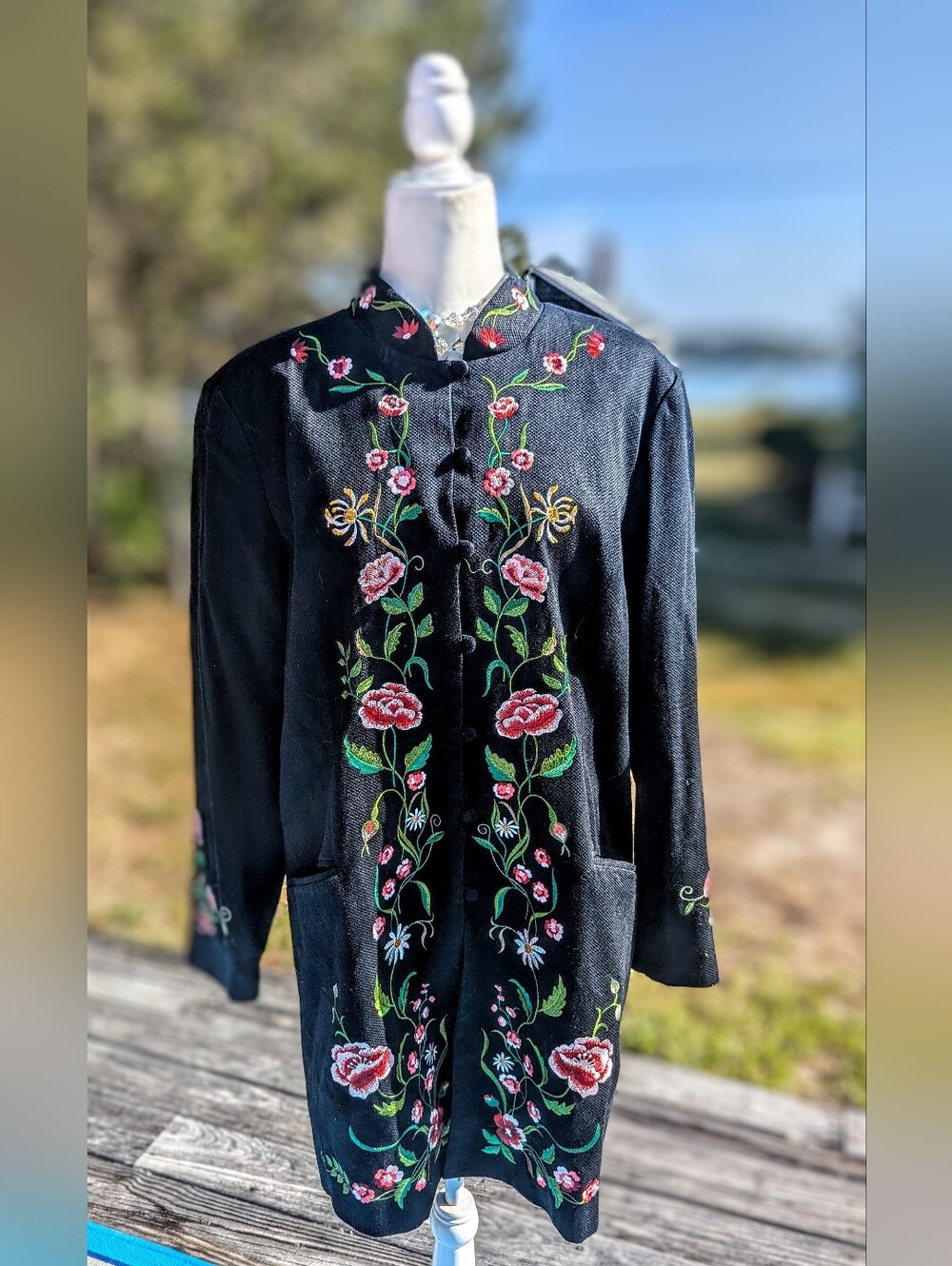 Victor Costa Black Jacket with Pink & Green Floral Embroidery